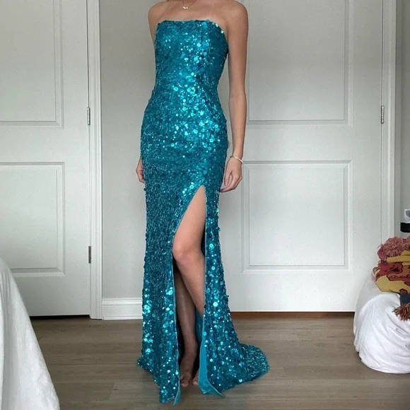 Vintage blue strapless sequin maxi formal dress - Picture 4 of 4